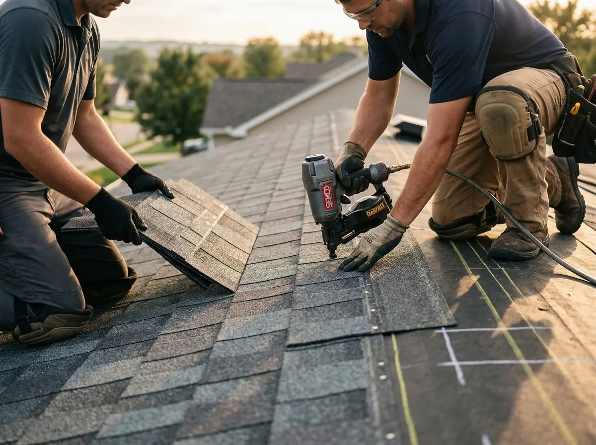 Professional roofer working on a residential roof in Roeland Park